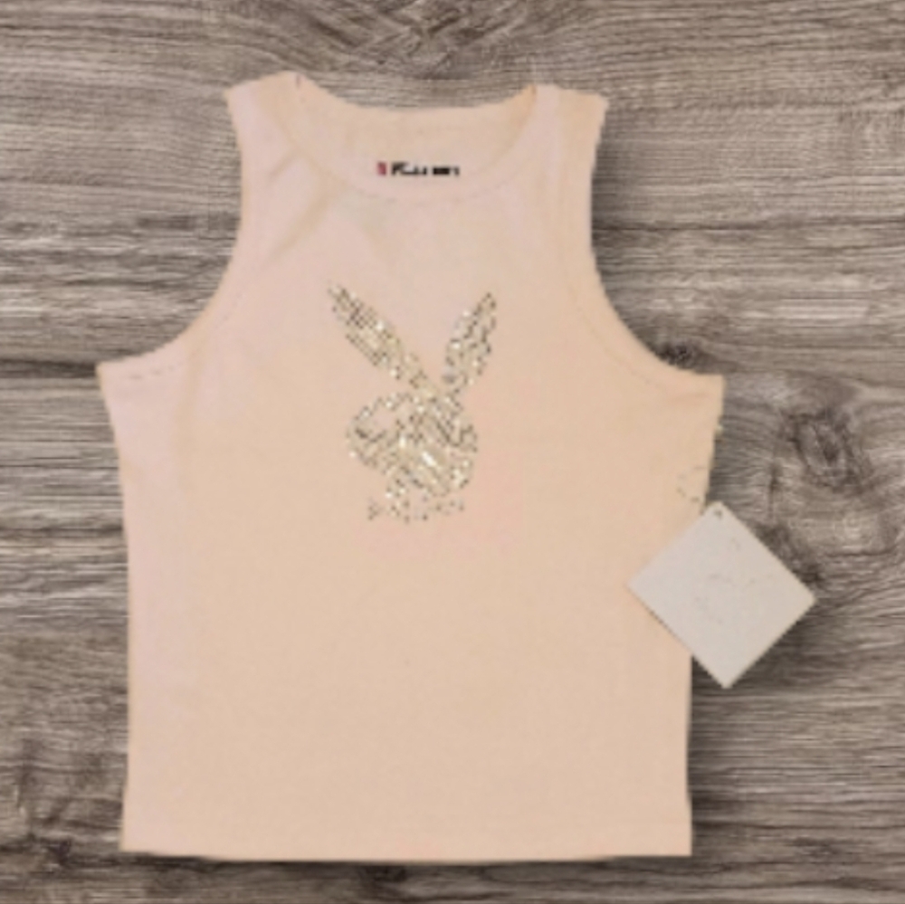 PLAYBOY Light Pink Ribbed Tank Top Shirt with Sparkle Rhinstone Logo